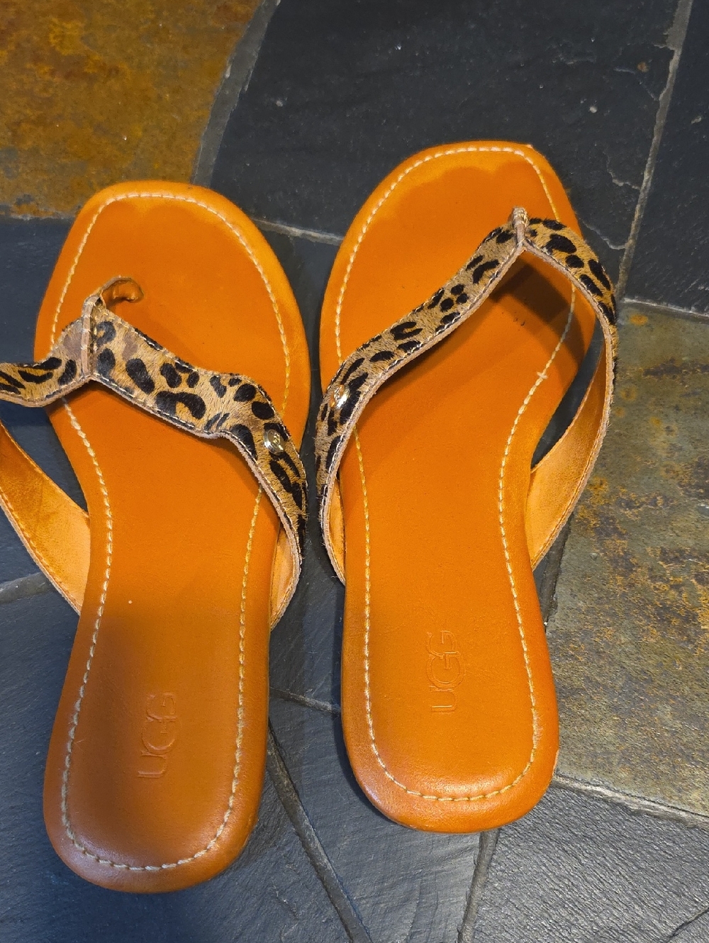 UGG Tan and Brown Cow Fur Thong Sandals